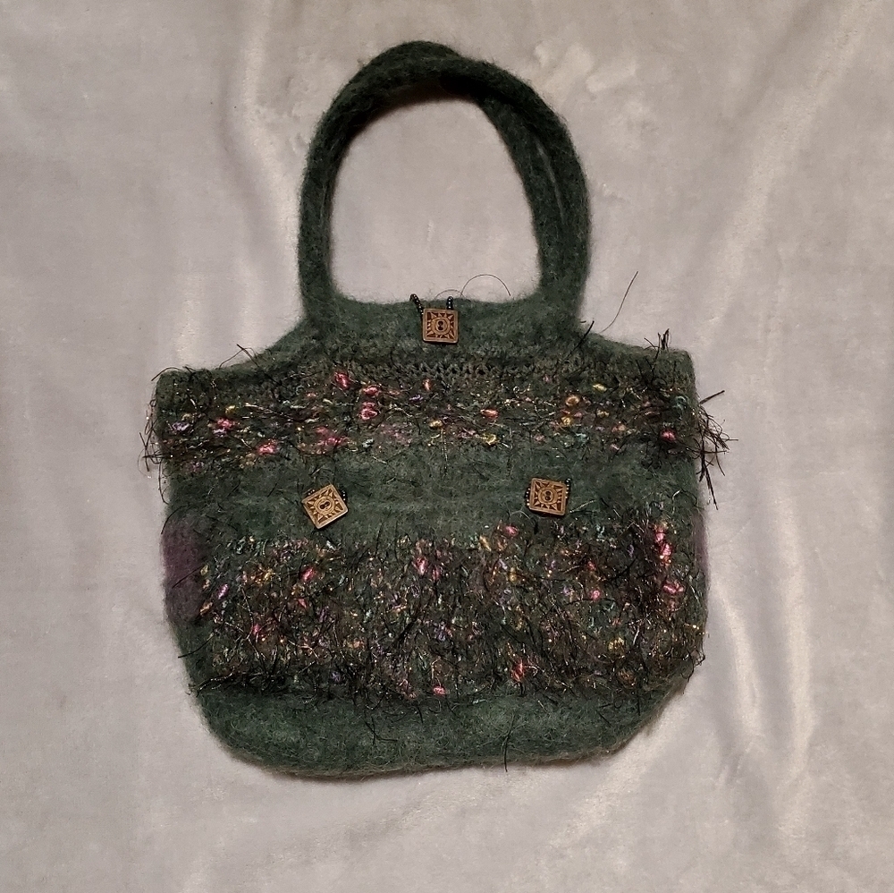 One of a Kind Unique Boiled Wool Blend Felted Fringe Teal Beaded Purse - Picture 2 of 7